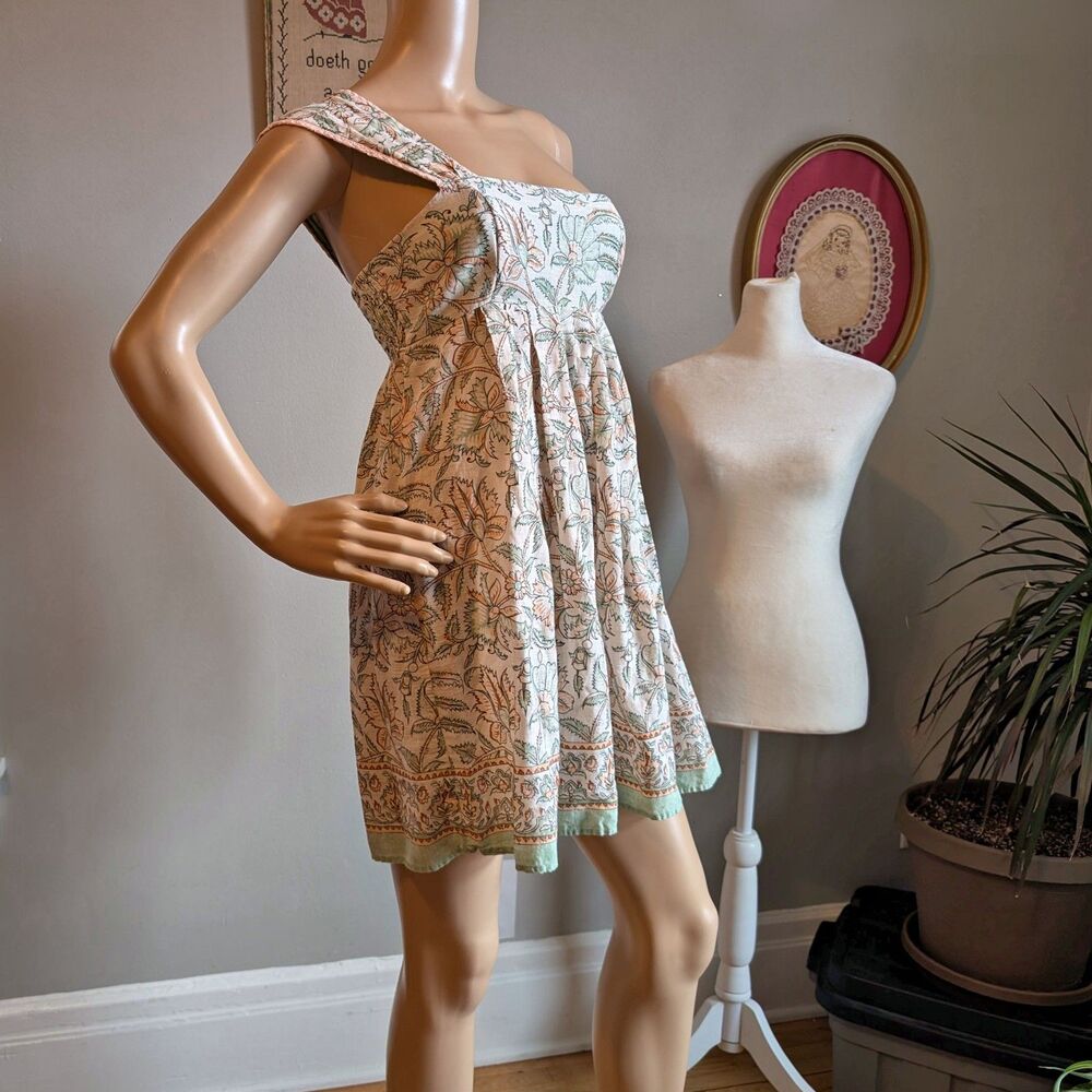 Vintage Y2K Free People Mini Dress One Shoulder Babydoll Floral Shirring Size 2